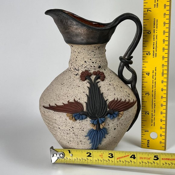 Studio Stoneware Art Pottery Pitcher Applied Design Collectible Marked Israel - Picture 11 of 12